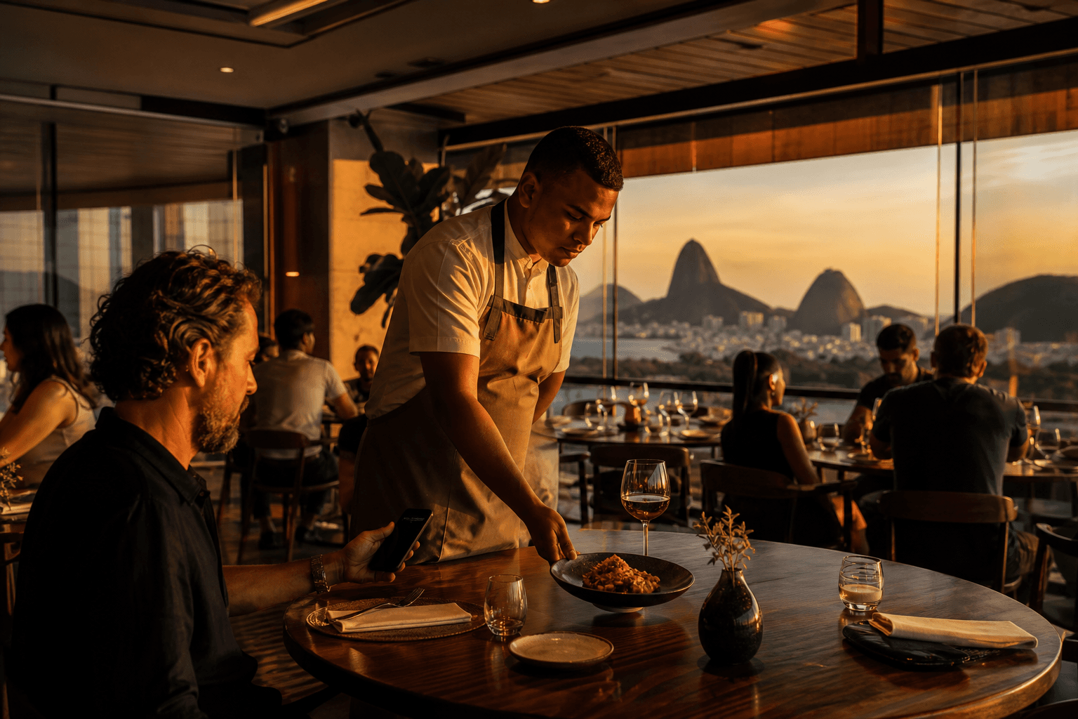 Restaurante brasileiro com pagamento no celular à mesa.